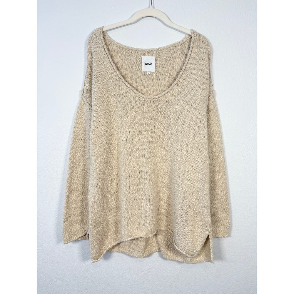 Aerie Neutral Beachy Lightweight Textured Knit Oversized Voop Sweater